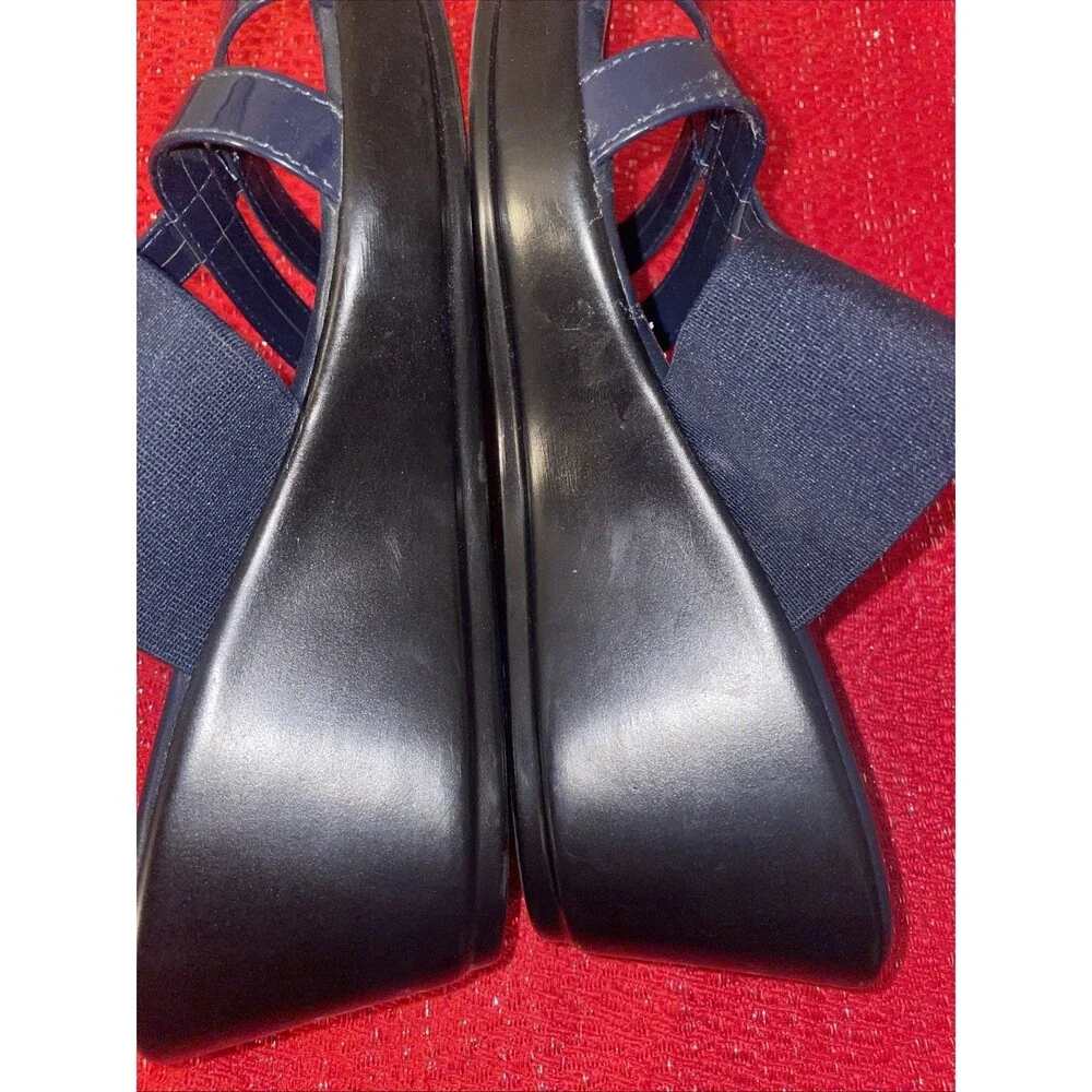Italian Shoemakers Wedge Sandals Navy Blue Stretch Elastic Straps Italy 7 M